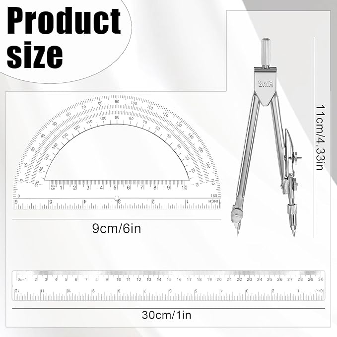JJUNW Geometry Set, 3 Pcs Geometry Tools with Drawing Compass 12Inch Clear Plastic Ruler Protractor Math Ruler for School Office Math Drawing Drafting Engineering Architecture Art