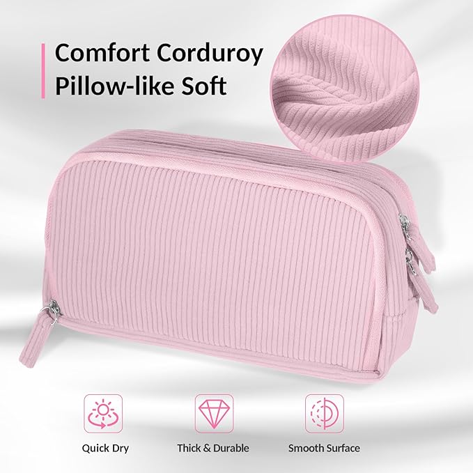 Sooez Big Capacity Pencil Case Pen Pouch, Soft Corduroy Pencil Bag with 3 Compartment, Multiple Pockets, Sturdy Zipper, Cute School Supplies Pen Bag Organizer For Teen Girls College, Pink