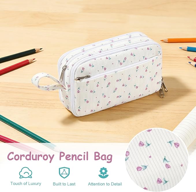 BuyCard Big Capacity Pencil Case, Corduroy Fabric, White with Purple Floral Pattern, Pencil Bag with Zipper Closure, Graduation Gift Office Stationery Storage Pen Pouch