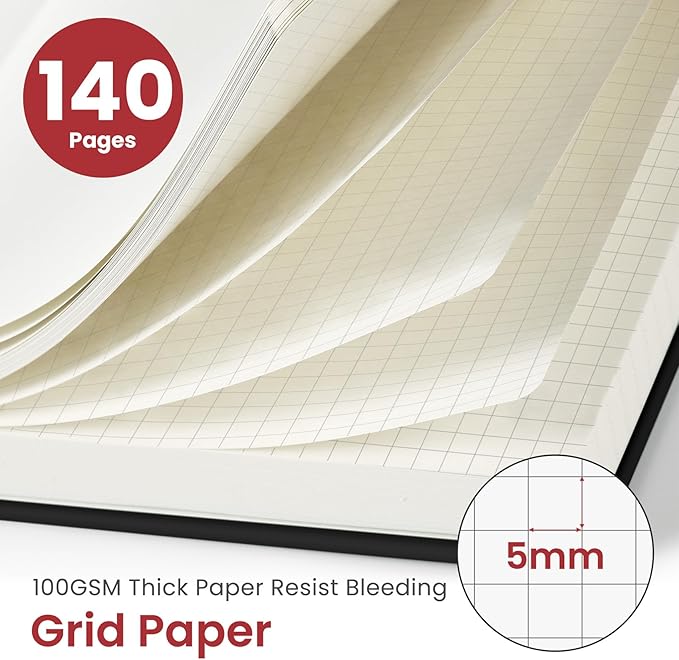 Taja Graph Spiral Journal Notebook for Women & Men, 140 Pages, Graph Paper Hardcover Notebook for Planning & Tracking, Journals for Graphing, A5(5.7" x 7.9") – Black