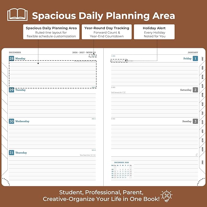 Weekly Monthly 2026-2027 Planner (July 26-Dec 27),8.5"x6.5",18 Months Agenda Plan with Month Tabs & Pocket,Expenses/Note Pages, Academic Calendar with Vegan Leather Cover,Brown