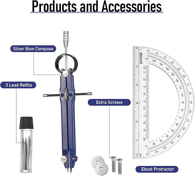 EBOOT Student Geometry Math Set, Metal Drawing Compass and 6 Inch Clear Swing Arm Protractors 180 Degree Math Protractor(Blue)