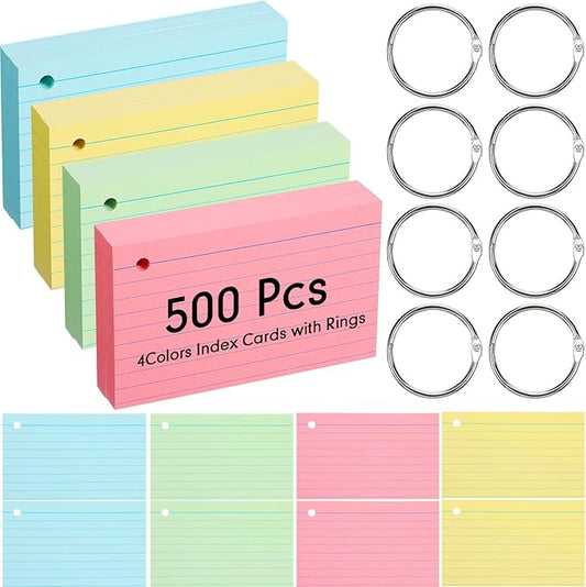 Yexiya 500 Pcs Index Cards with Rings Study Supplies Punched Lined Flash Cards with Holes Ruled Single Hole Notes and Metal Rings for Adults Office(3 x 5 Inch,Pastel Color)