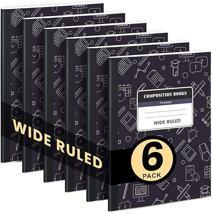 Oucaru Composition Notebook 6 Pack Wide Ruled, Black Cover Notebooks for School, 70 Sheets 7-1/2"x9-3/4, Back to School Supplies Journal for K-12 Students