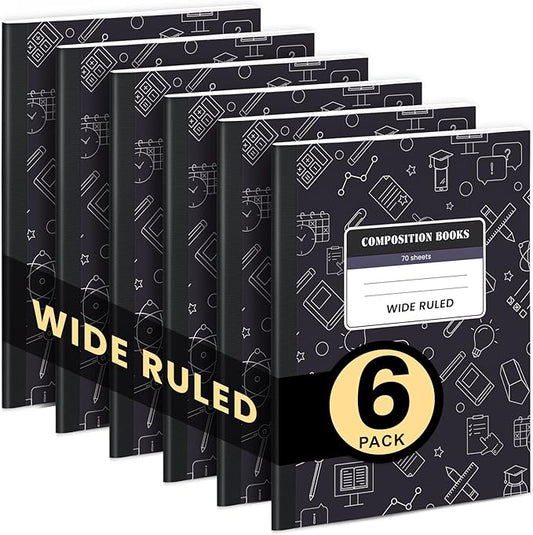 Oucaru Composition Notebook 6 Pack Wide Ruled, Black Cover Notebooks for School, 70 Sheets 7-1/2"x9-3/4, Back to School Supplies Journal for K-12 Students