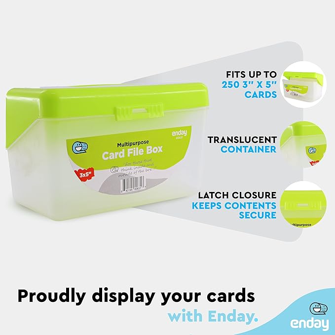 Enday Index Card Box Green 3x5 Index Card Holder, Index Card Organizer, Flash Card Holder, Holds 250 Cards.