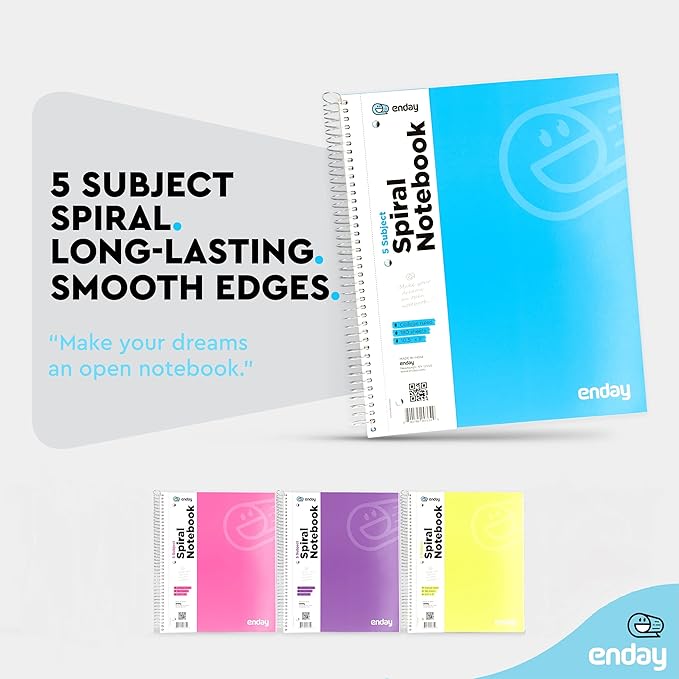 Emraw 5 Subject Notebook College Ruled Spiral White Paper 180 Sheets Perfect for Writing Sketching in class, Home, Office (Pack of 4)