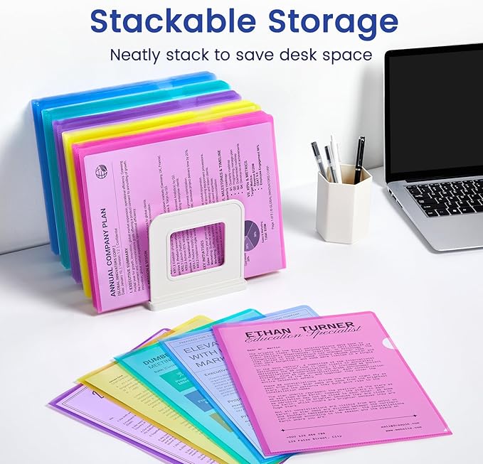 Sooez 25 Pack Clear Document Folder Project Pockets, Clear Plastic Folders Letter Size Plastic Document Folders Paper Poly Jacket Sleeves Folders Copy, 5 Assorted Colors