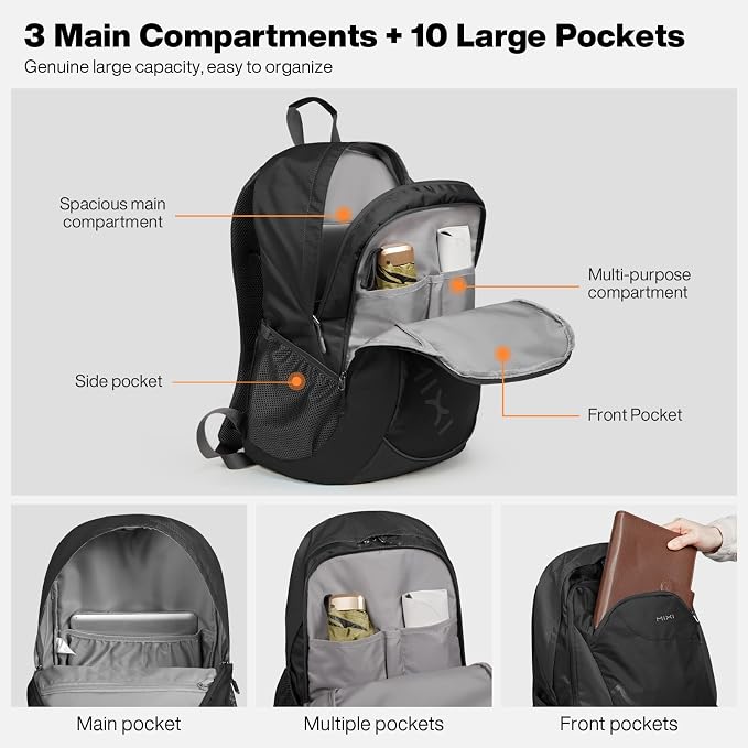 mixi 45L Ultra Lightweight Waterproof Travel Backpack, 21 inch Casual Daypack for Men Women, Durable Spacious Bag for Travel, Sports, Camping, Hiking & College, Black