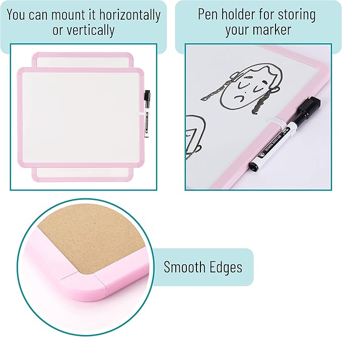 Mr. Pen- Dry Erase Board, 14” x 11” with a Black Dry Erase Marker, Pink Frame, Small Mini White Board for Students, Fridge, Wall, Locker, Includes Double Sided Tapes