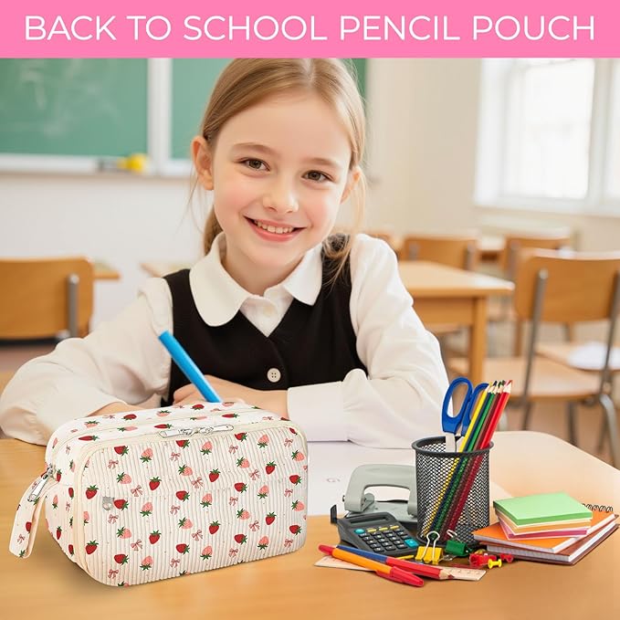 WOBAGMEN Cute Pencil Case,Large Corduroy Zippered Pencil Case Pouch, aesthetic Pencil Bag with Compartments, Pencil Pouch School Supplies (HY-corduroy pc-strawberry)