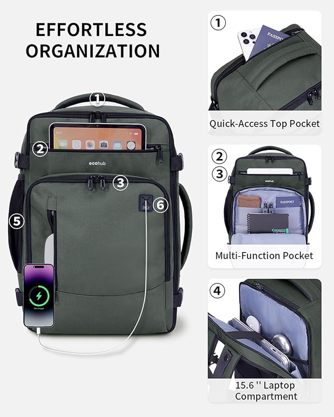 ECOHUB 17" Small Travel Backpack, United Airlines Personal Item Bag 17x10x9 with 16 Pockets, Water Resistant Rucksacks Fit 15.6" Laptop, AirTag Pocket, Lightweight Casual Daypack, 25L, Green