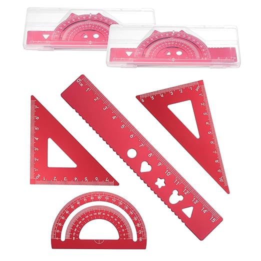 PATIKIL 8 Pcs Geometry Drafting Tool, Aluminum Alloy Geometry Kit Math Tool Includes 15cm L Ruler Protractor Triangles for Drafting Angle Measure Simple Science Experiment, Red