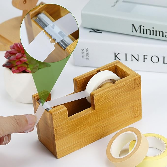 MultiBey Bamboo Desk Organizer Set, Magnetic Rotating Paper Clip Holder with Lid, Wood Tape Dispenser with Refills, Sticky Note Holder for Office & Home Desk Supplies (3-Piece Set)