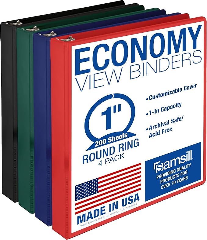 Samsill 1 Inch 3 Ring Binders, Economy Round Ring, Clear View Cover, 200 Sheet Capacity - for School, Home, Office - Assorted, 4 Pack