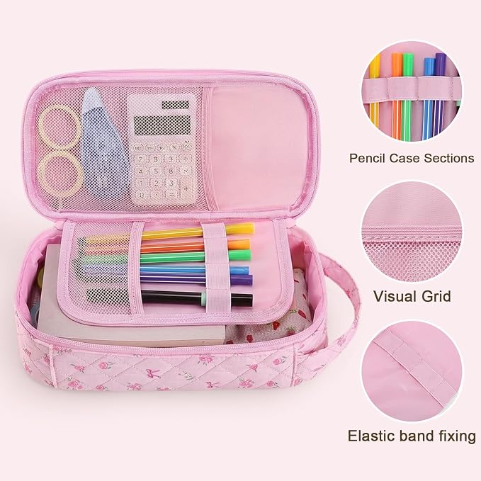 Cute Floral Quilted Pencil Case for Girls, Large Aesthetic Pen Pouch with Handle, Multi Compartment Stationery Organizer, Portable Travel Cosmetic Makeup Bag Back to School