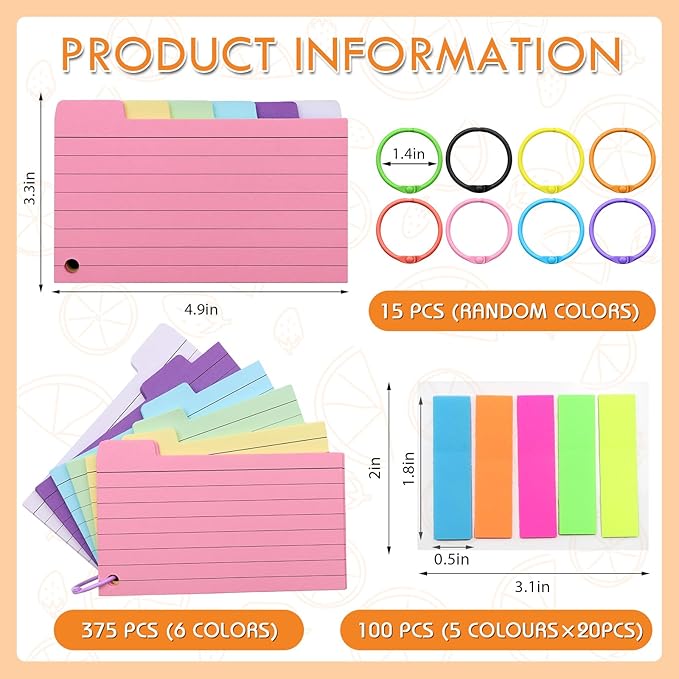 ZYNERY Colored Index Cards 3x5 Inches 375 PCS Flash Cards with Rings and Sticky Tabs, Multicolor Notecards Lined Both Sides Flashcards for Studying, School and Office Supplies
