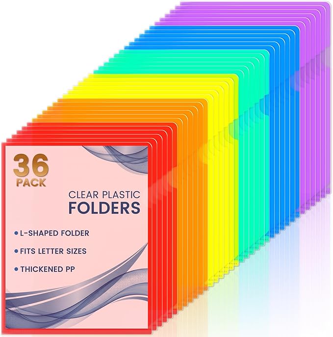 Sooez 36 Pack Clear Document Folder Project Pockets, Clear Plastic Folders Letter Size Plastic Document Folders Paper Poly Jacket Sleeves Folders Copy, 6 Assorted Colors