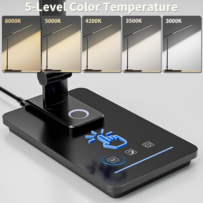 ELECTRI LED Desk Lamp, Touch Desk Light with USB Port, 5 Color & Stepless Dimming, 360° Rotatable ＆ Foldable, Reading Lamp for Table Study Work Office Nail Craft Puzzle(with Adapter) (Black)
