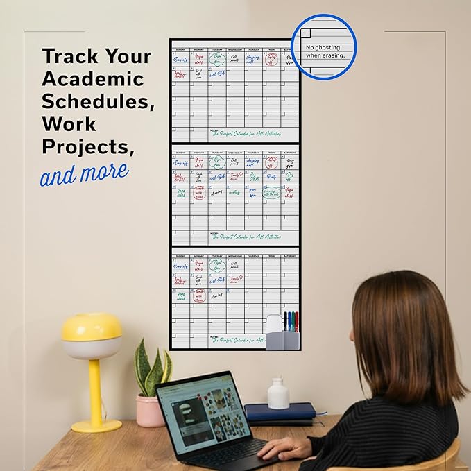 (2 PK) 3 Month Dry Erase Calendar for Wall 40x17, Family Office Large Reusable Big, Monthly Giant Dry Erase Planner, Rolled Whiteboard White Board, Classroom Calendar for Undated Wall Erasable