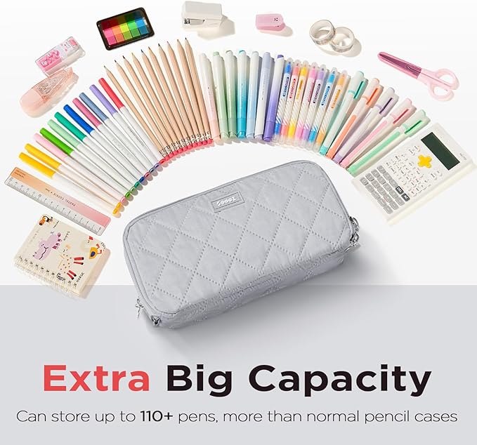 Sooez Large Pencil Case Pouch, Extra Big Pencil Bag with 8 Compartments, Pen Bag Wide Opening, Soft Quilted Pencil Pouch Organizer with Zipper, Portable Pencil Case for Teen Girls, Gray
