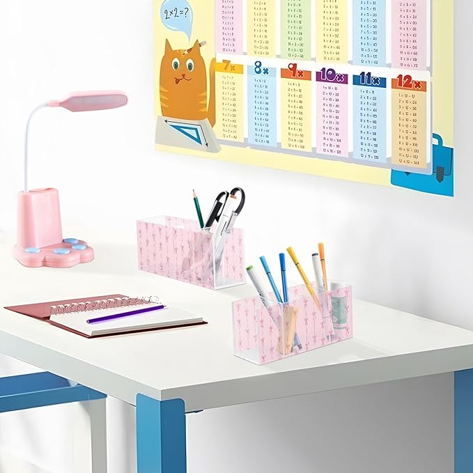 Aslsiy Ribbons Bow Coquette Pen Holder Pink 4 Compartments Acrylic Pencil Holder Clear Makeup Brush Holder Desk Organizer Office Supplies
