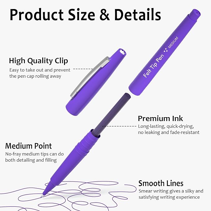 Lelix Felt Tip Pens, 60 Purple Pens, 0.7mm Medium Point, Felt Tip Markers Pens for Journaling, Writing, Note Taking, Planner, Perfect for Art Office and School Supplies
