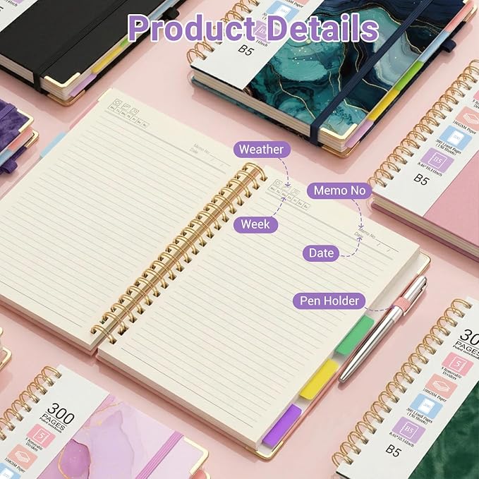 Hardcover Spiral Journal Notebook, 300 Pages 5 Subject Notebook College Ruled with Removable Dividers Tabs, 8" x 10" Notebooks for Work, Spiral Ruled Lined Writing Journal Hardcover Leather Notebook for School (Colorful Floral, 8''x 10'')