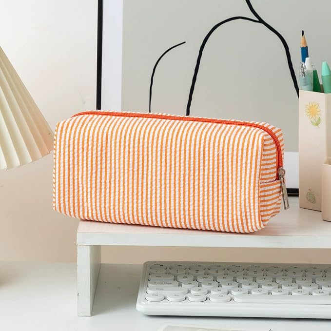 Cute Large Capacity Pencil Case | Aesthetic Striped Pencil Pouch for Office Supplies Organizer (Orange)