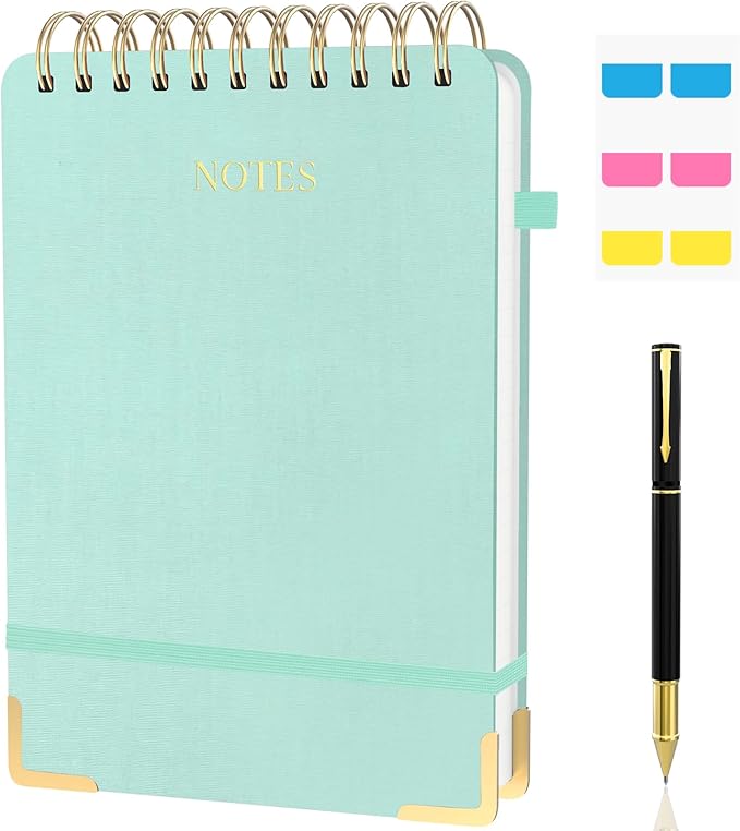 Aesthetic Top Spiral Notebook, A5 Linen Hardcover Top Bound Steno Pads, 240 Pages 100gsm Thick Lined Paper Left Handed Notebook Journal for Work, School, Church Writing - Green, 5.9" x 8.5"