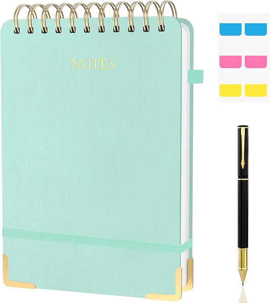 Aesthetic Top Spiral Notebook, A5 Linen Hardcover Top Bound Steno Pads, 240 Pages 100gsm Thick Lined Paper Left Handed Notebook Journal for Work, School, Church Writing - Green, 5.9" x 8.5"
