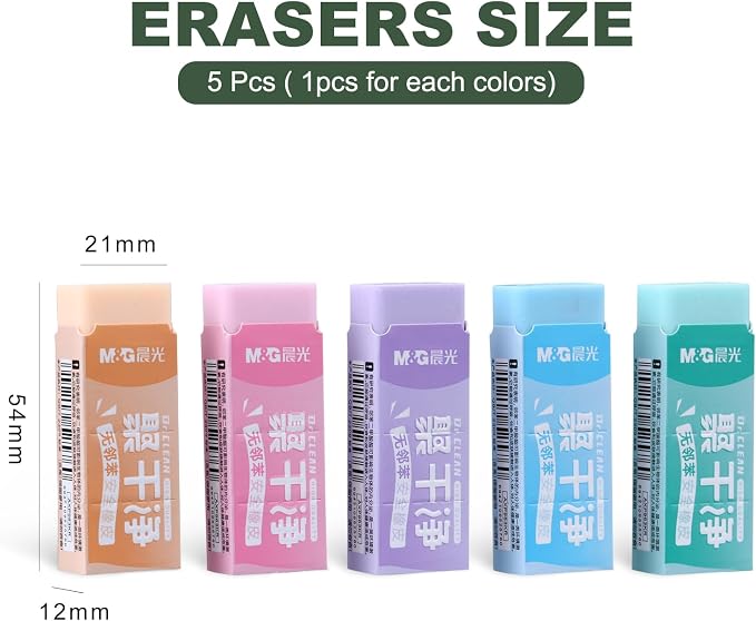 M&G 5 Pack Erasers, Pencil Erasers Large Eraser Colored Cute Soft Block Easy to Clean Durable Bulk for Sketching Drawing Artists Teacher Color Pencils Carving Stamps, 5 Pastel Colors