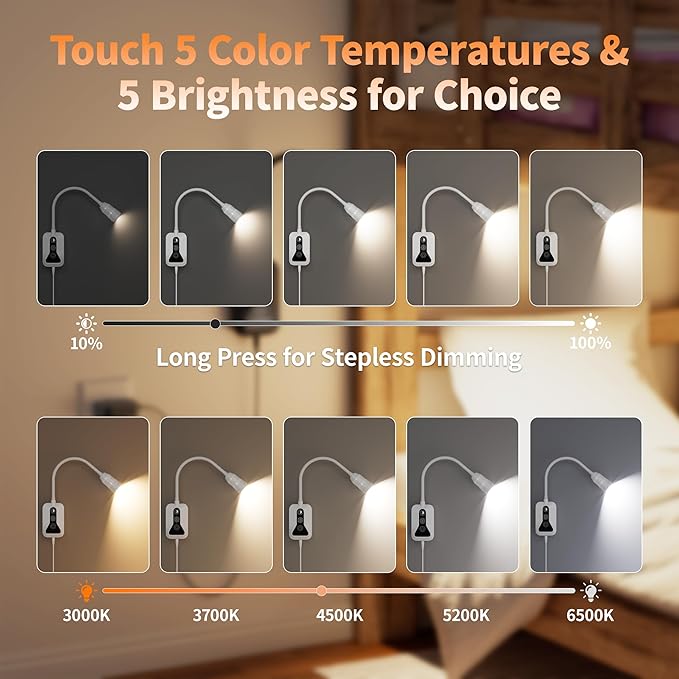 Wall Mounted Reading Light, Wall Light with Motion Sensor Switch, 5 Dimmable & 5 Color Temperature Adjustable, USB-C Output, Flexible Neck Book Light for Bed, Sofa, Desk,Dorms, Heaboard
