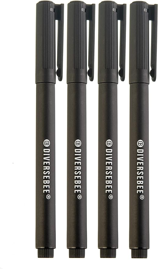 DIVERSEBEE Fine Tip Permanent Pens, 4 Pack Quick Dry Markers, Transparent Sticky Notes Writing Pens, Office School Art Supplies, Black Oil Based Fineliners
