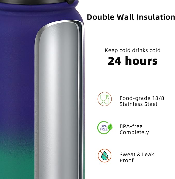 Fanhaw 20 oz Insulated Stainless Steel Water Bottle with Anti-Dust Chug Lid & Carabiner Lid, Leakproof Vacuum Metal Bottle for Kids, Teens & Adults, Back to School Essentials (Purple Green)