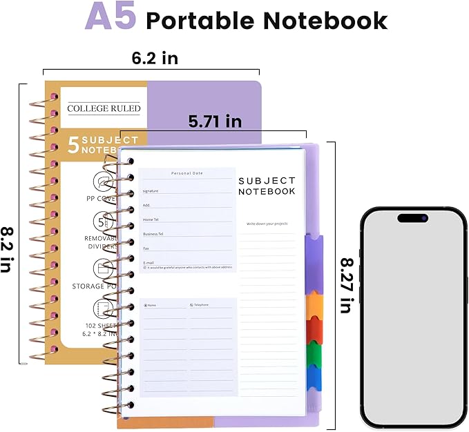 CAGIE Small Spiral Notebooks with Removable Dividers Tabs, 5 Subject Notebook College Ruled 6''×8'', A5 Notebooks for School Work with Plastic Cover, Back Pocket, Spiral Bound, Purple