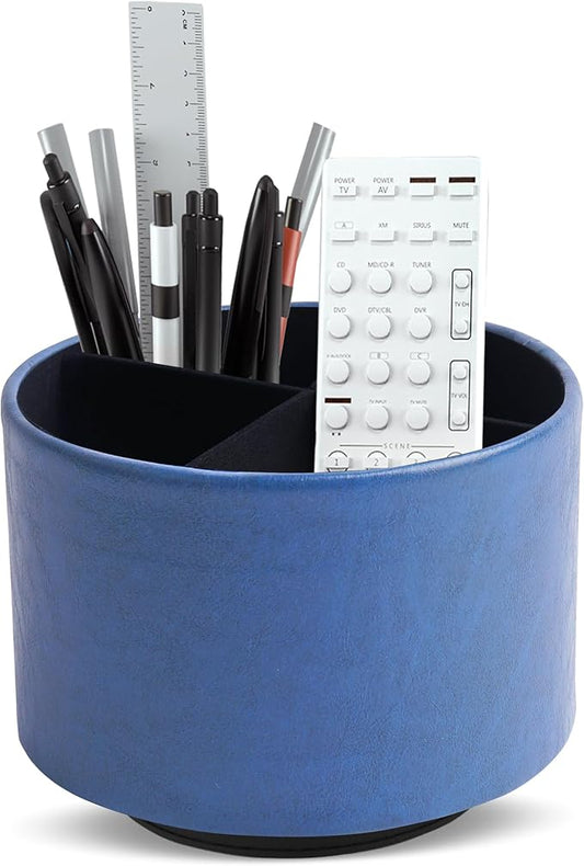 Round Leather Art Supply Organizer,Remote Control Holder,360 Degree Spinning,Multi-Functional Pencil Holder,4 Compartments Desktop Stationary Organizer(1-Oil Blue2)