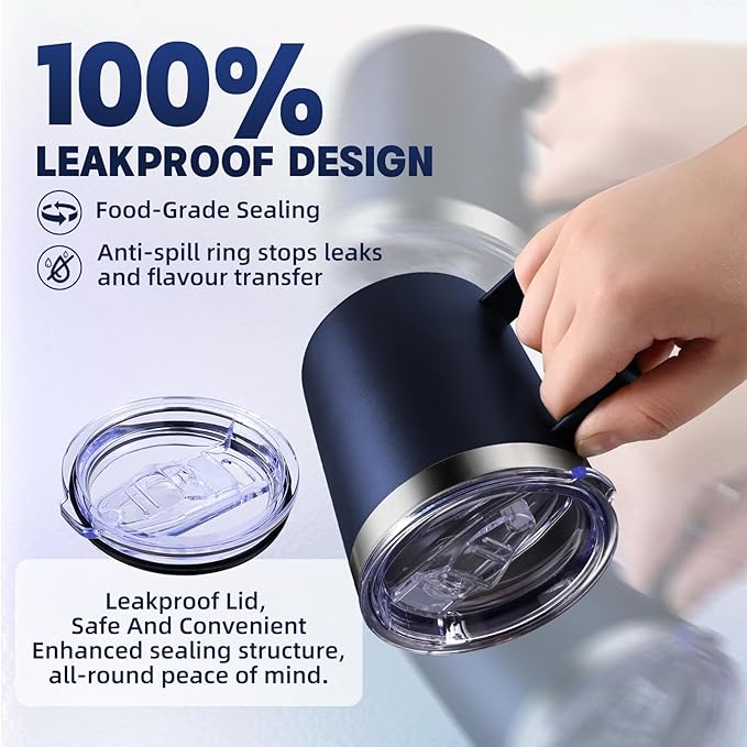 12oz Insulated Coffee Mug with Handle, Stainless Steel Wide Mouth Travel Tumblers with Lid, Double Wall Vacuum Coffee Cup for Camping, Office, Navy Blue 8 Packs