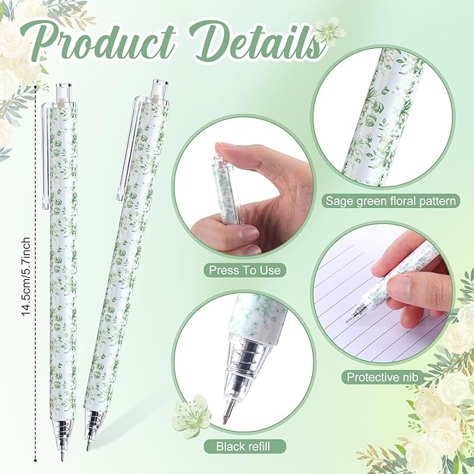 Resurhang 30 Pcs Sage Green and White Floral Ballpoint Pens 0.5 mm Black Ink Chinoiserie Gel Pens Vintage Aesthetic Retractable Ballpoint Office School Supplies for Bridal Baby Shower Wedding