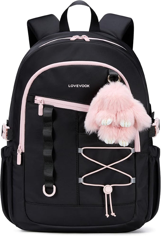 LOVEVOOK School Backpack for Girls, Large Capacity 16 Laptop Backpack with Tumbler Pockets, Multi-Compartment Backpacks with Lucky Bunny Charm, Water-Resistant Travel Backpack, Black Pink
