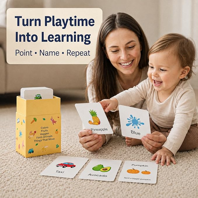 Flash Cards for Toddlers 1–3 – 55 Thick & Durable Learning Flashcards, First Words, Real-Life Images, Montessori Toy 12+ Months
