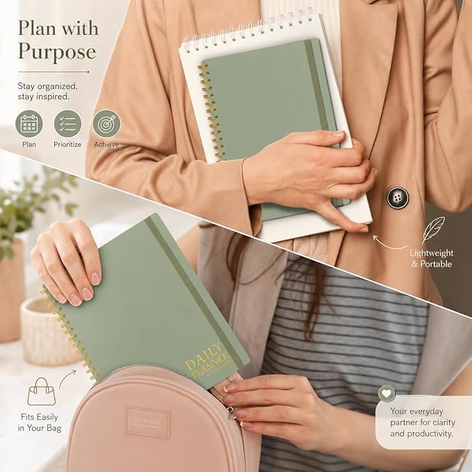 Daily Planner Undated - Simplified To Do List Notebook with Hourly Schedules, Spiral Appointment Organizer, 5.5" x 8.5", Easily Manage Your Tasks and Productivity - Green