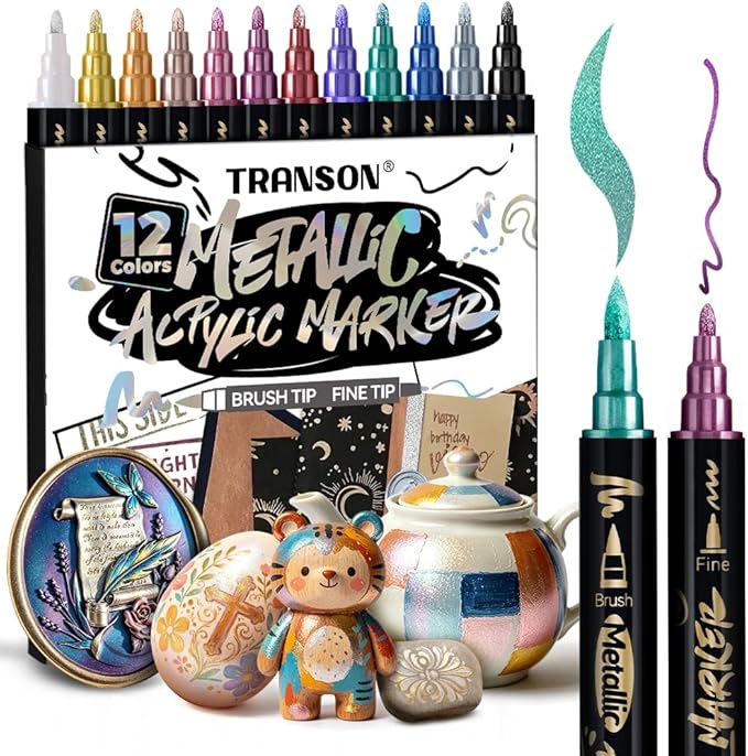 TRANSON 12Colors Metallic Paint Markers Brush and Fine Dual-tip for Rock Wood Ceramic Canvas DIY Painting Drawing