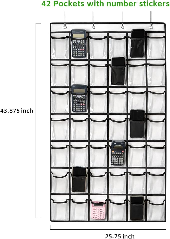 ANSTROUT 42 Clear Pockets Classroom Pocket Chart for Cell Phones and Calculator, Pocket Chart Organizer for Classroom Phone Storage Holder with 42 Number Sticker and Hooks (White)