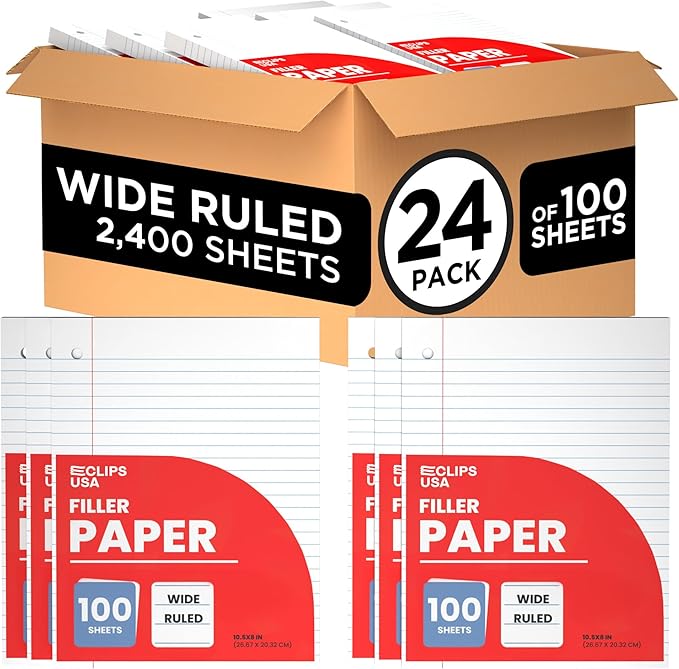 Wide Ruled Loose Leaf Paper Wide Ruled Notebook Paper Lined Writing Filler Paper 10.5” x 8” 56 gsm 2400 Sheets 100 Sheet Per Pack (24 Pack)