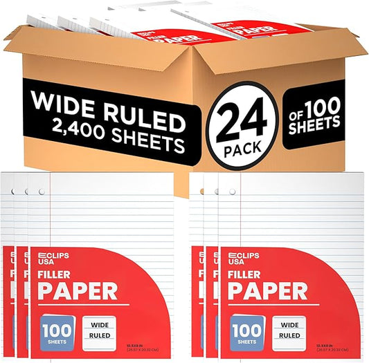 Wide Ruled Loose Leaf Paper Wide Ruled Notebook Paper Lined Writing Filler Paper 10.5” x 8” 56 gsm 2400 Sheets 100 Sheet Per Pack (24 Pack)