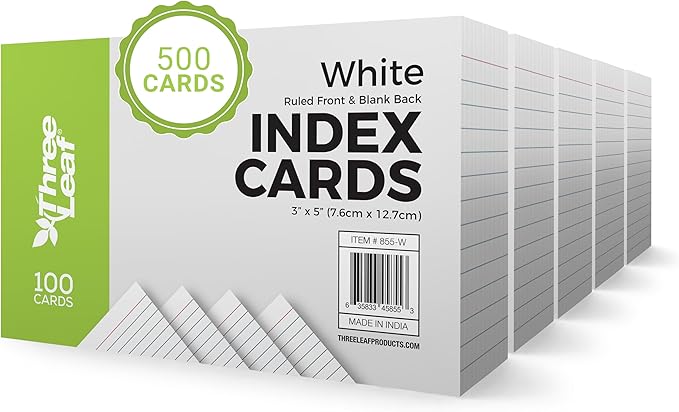 THREE LEAF 3 X 5, INDEX CARDS RULED, 500 CT. (100 x 5) WHITE, Ruled Flash Cards, Study Card, Memo Pad, For To-Do List, Art And Craft Projects