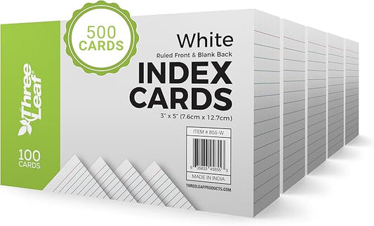 THREE LEAF 3 X 5, INDEX CARDS RULED, 500 CT. (100 x 5) WHITE, Ruled Flash Cards, Study Card, Memo Pad, For To-Do List, Art And Craft Projects