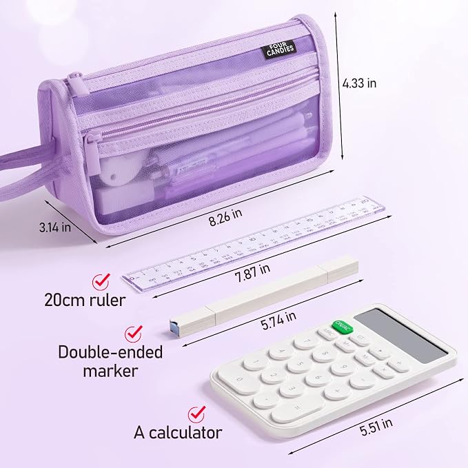 Four Candies Grid Mesh Pencil Case, Clear Double-layer with Handle (Purple) | Smooth Zipper, Transparent Pencil Pouch, Cute Back to School Stationary, Makeup Bag, Travel Friendly, for Office College