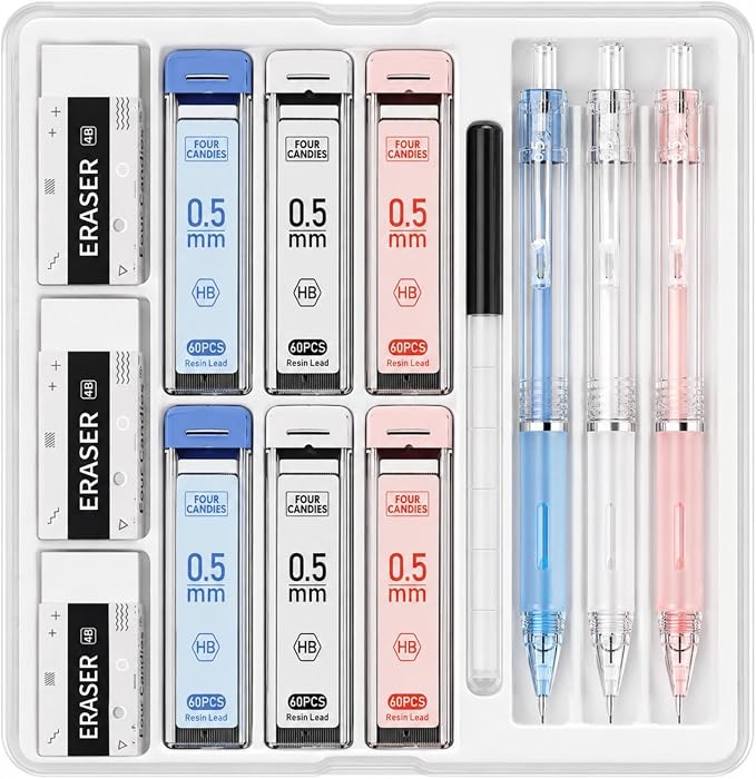 Four Candies Cute Mechanical Pencil Set, 3-Pack 0.5mm | 360 Lead Refills, 3 Erasers, 9 Eraser Refills, Non-Slip Rubber Grips, Aesthetic Design, for Detailed Writing and Drawing